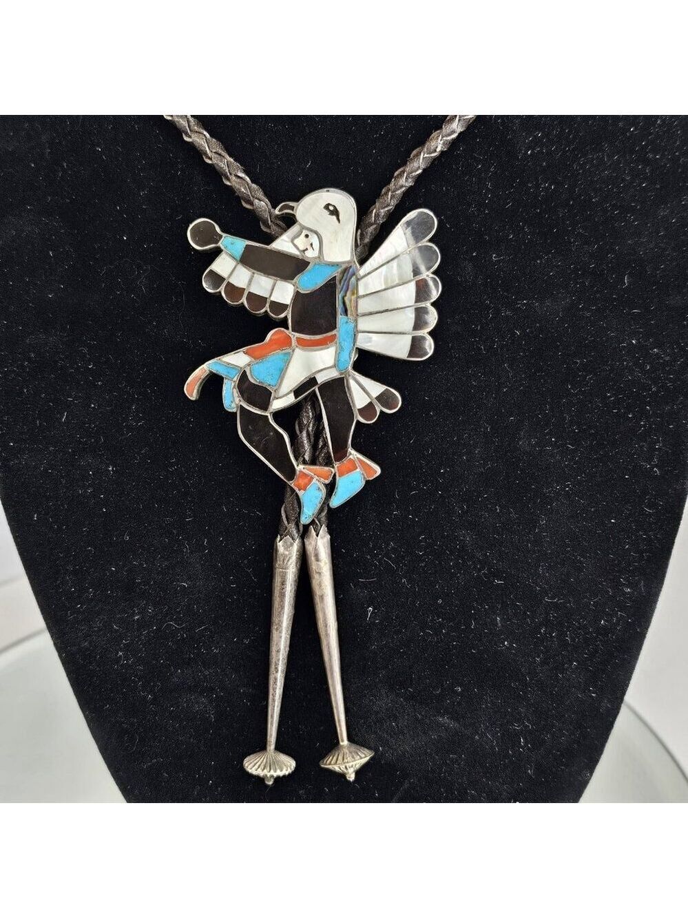 Bolo Sterling Silver Turquoise Coral Zuni Eagle Dancer Mother Of Pearl Native